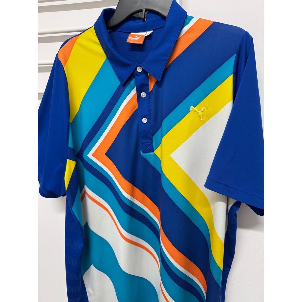 Puma Golf Mens XXL Polo Shirt Blue Orange Yellow Chevron USP Dry
